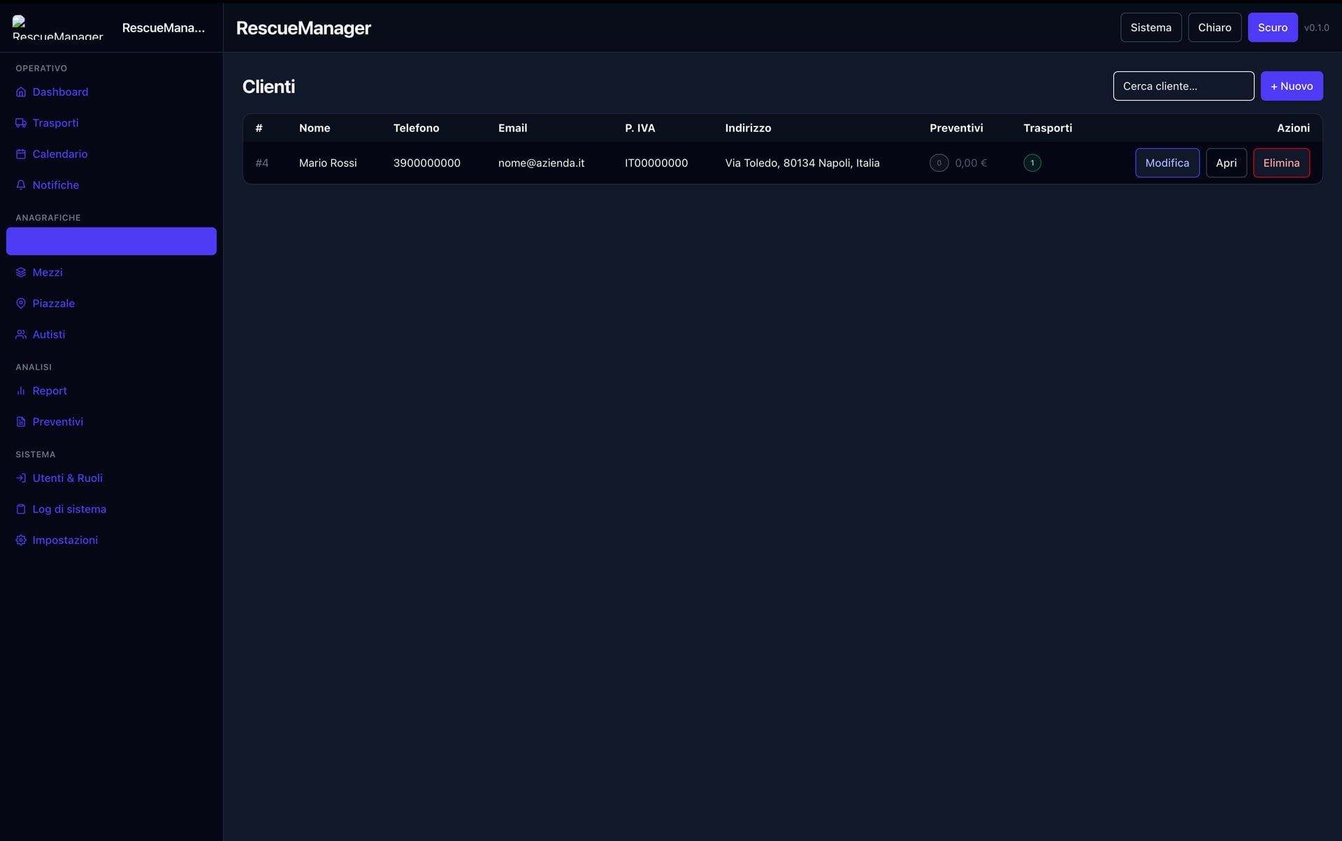 Gestione clienti RescueManager