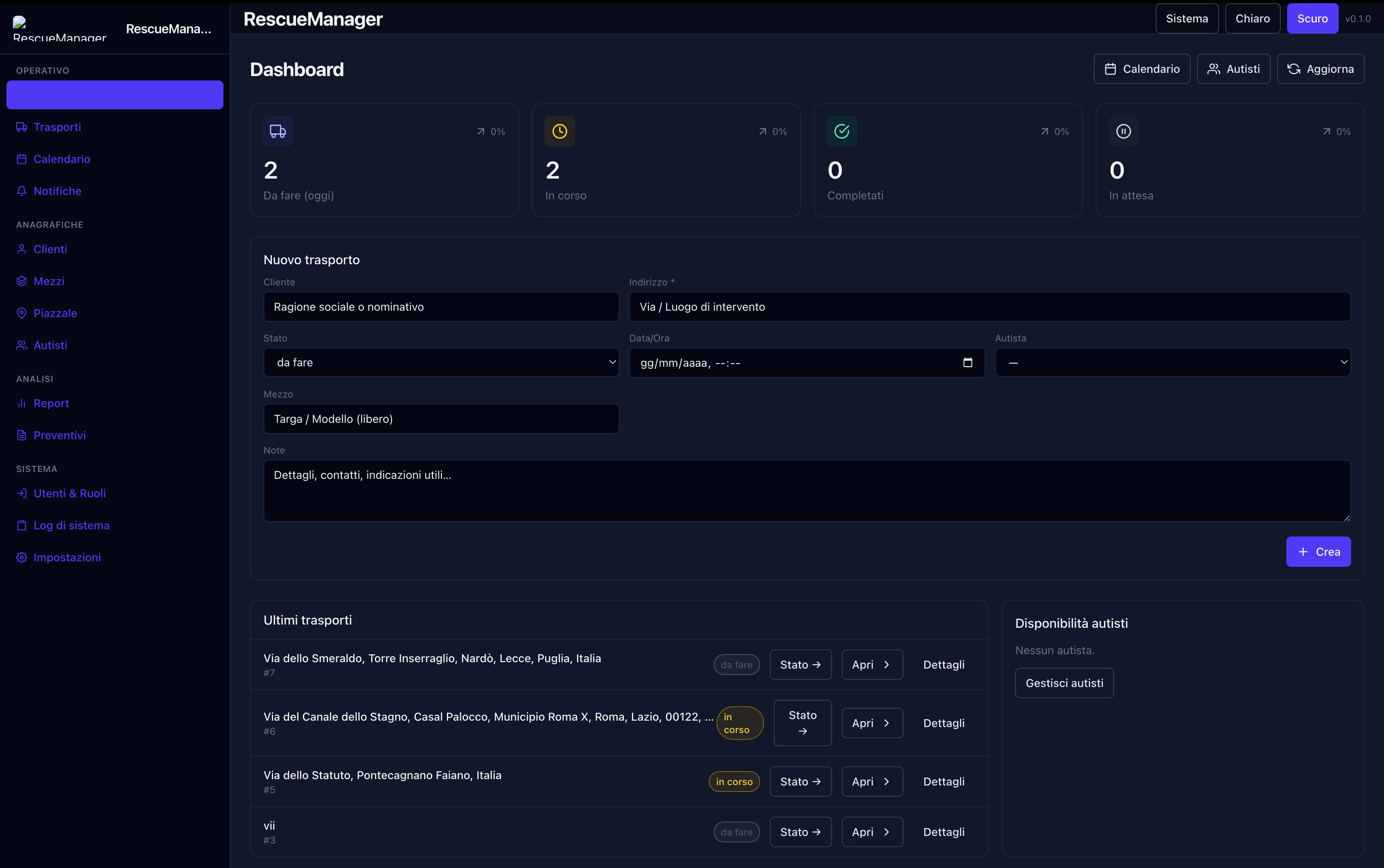 Schermata principale RescueManager