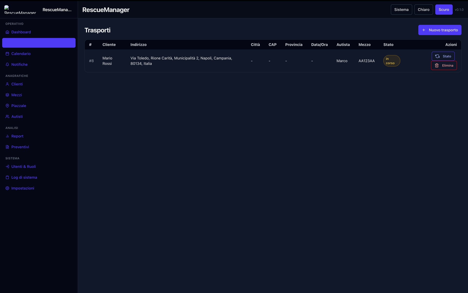Gestione trasporti RescueManager